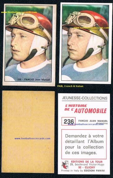 1972 pair of Fangio unused cards from Italy and France Panini rarities