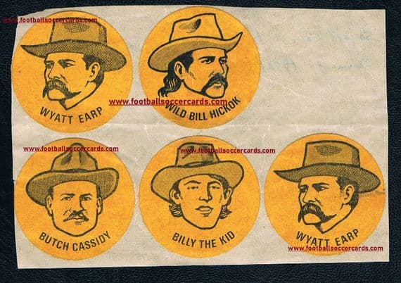 1972 Sayers Cakes Wild West heroes Billy the Kid Hickock Butch Cassidy Wyatt Earp 5 stickers