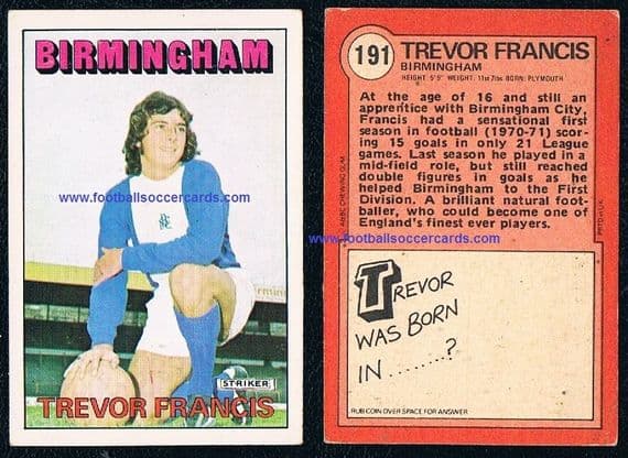 1972 Trevor Francis SET BREAKER CARD A&BC Gum 191, 1st Million-£-Player rookie card Birmingham City
