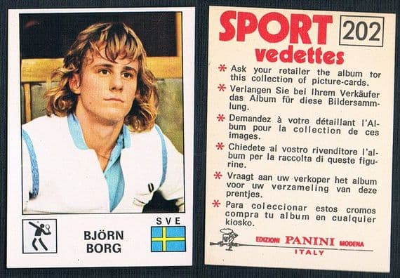 1974 rookie Bjorn Borg Sport Vedettes #202 Panini original clean and unused 1st-ever Borg!