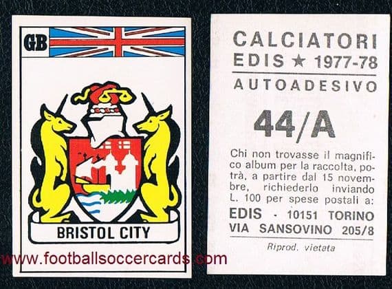 1977 Edis unused sticker from Italy, Bristol City 44a