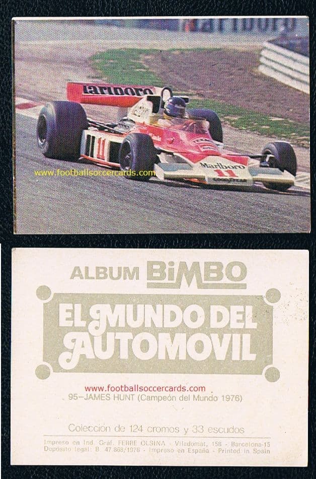 1977 James Hunt World Champion F1 unused Bimbo #95 card from Spain