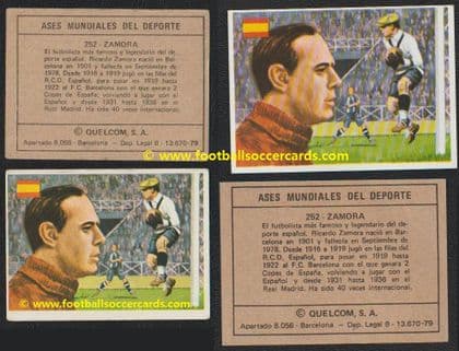 1979 Quelcom 2 cards, different sizes, Ricardo Zamora unglued pair 252 Ases Mundiales del Deporte