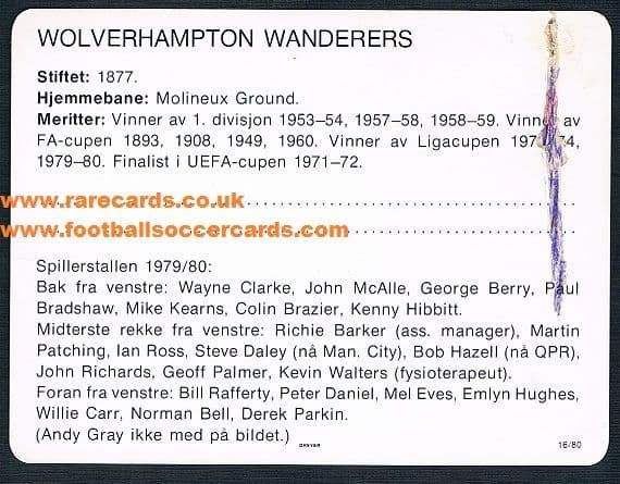 1979 Wolves team card Norway