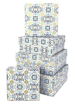 V34159 - Boho Tile Blue Square Nest of 5 Boxes - GBXS258.00/48 1/PK