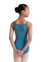 Bloch Girls Kik Camisole Leotard Corset Seam Embroidered Mesh Back Blue CL70005