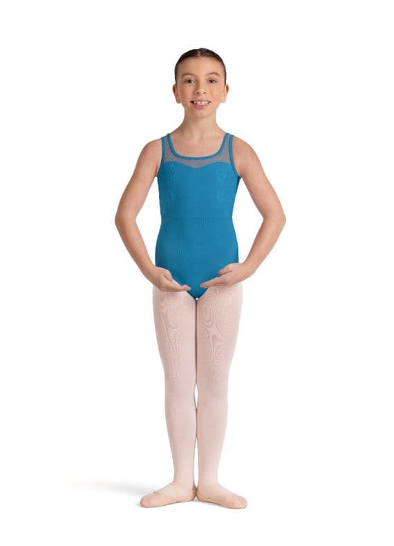 Bloch Girls Lulu Floral Tank Leotard Embroidered Mesh Back Blue CL50005