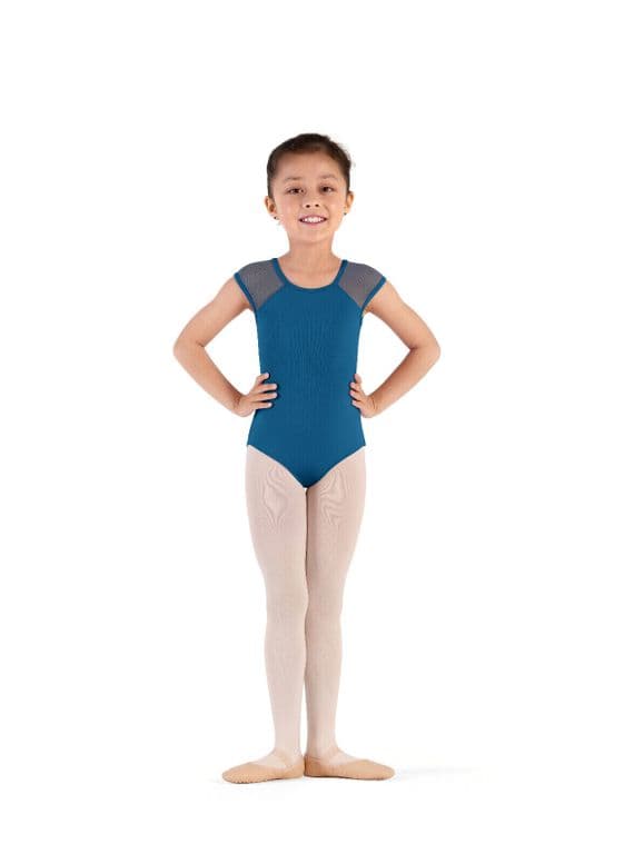 Bloch Girls Sale Rafie Cap Sleeve Mesh Back Leotard Diamante Trim Peacock Blue CL9282