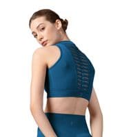 Bloch Ladies Sale Alix Zip Front Crop Top Twist Mesh Back Z8455 Kingfisher