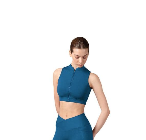 Bloch Ladies Sale Alix Zip Front Crop Top Twist Mesh Back Z8455 Kingfisher