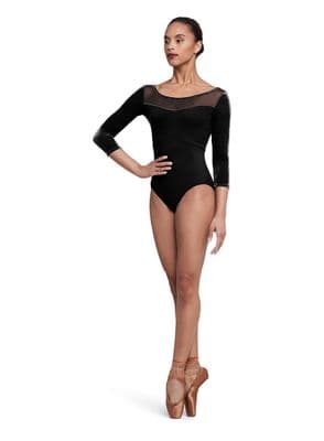 BLOCH SALE Ladies Scoop Mesh Neckline 3/4 Sleeve Velvet Leotard Indy L5236 Black