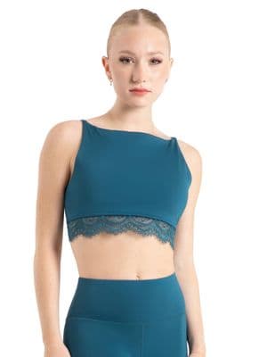 Capezio SALE Whispering Waves Ocean Dance Bra Top Lace Trim 12100W Legion Blue