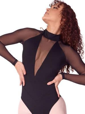 Capezio Soft Elegance Long Sleeve Mesh V Front Leotard EL109W Black
