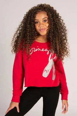 PINEAPPLE Dancewear Girls Ballet Crop Sweat Top Sweater Red with Silver Glitter