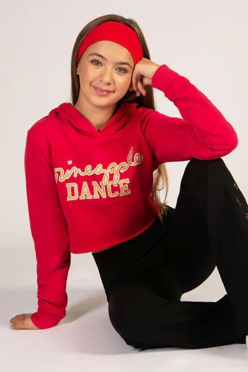 PINEAPPLE Dancewear Girls Glitter Dance Crop Hoodie Red with Gold Glitter