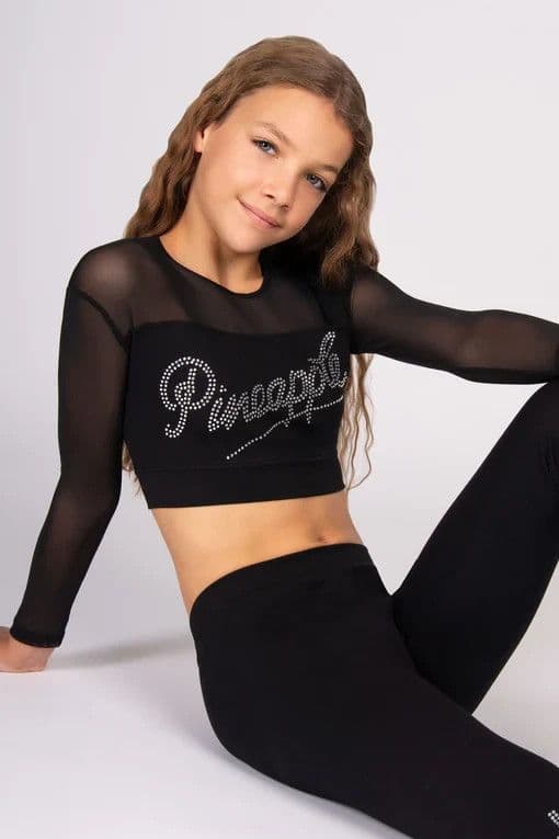 Pineapple Girls Logo Mesh Panel Long Sleeve Crop Top Black