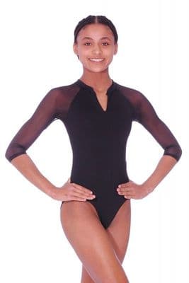 Roch Valley Dani 3/4 Sleeved High Neck Zip Front Leotard Mesh Panels Black