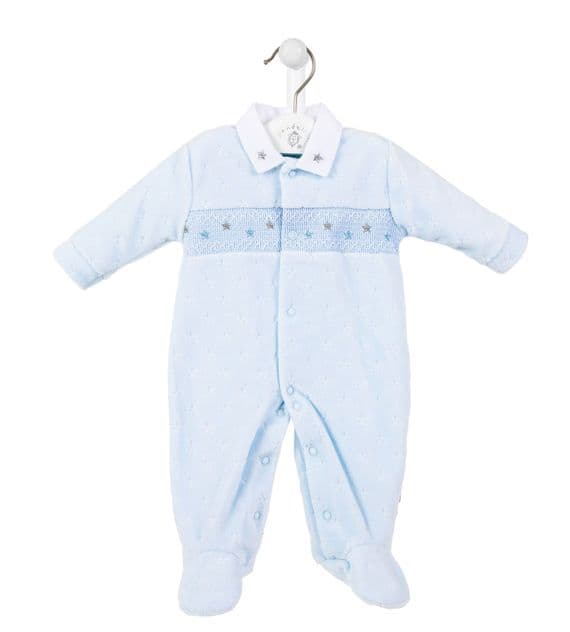 Blue star velour smocked sleepsuit
