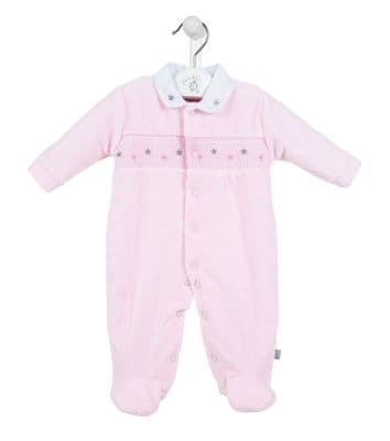 Pink star velour smocked sleepsuit