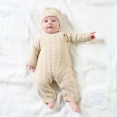 Taupe knitted onesie with hat