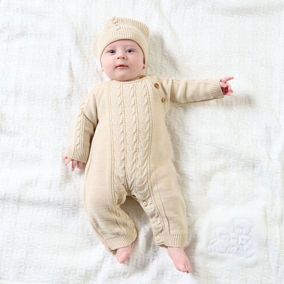 Taupe knitted onesie with hat