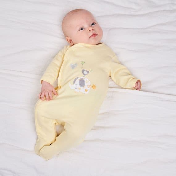 Yellow elephant & bird cotton sleepsuit