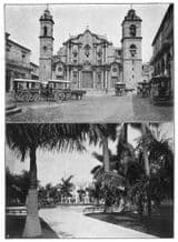 CUBA: Havana; 1: Cathedral of Havana; 2: Colon Park, Havana, old print 1907