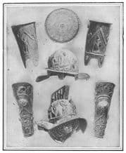 ITALY: Pompeii; Helmets, shields, gauntlets; Gladiators Barracks, print 1907
