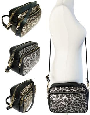 Animal Print Large Camera Bag Double Zip & Compartment Crossbody Shoulder Italian Leather Handbag