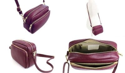 Burgundy Large Camera Bag Double Zip & Compartment Crossbody Shoulder Italian Leather Handbag