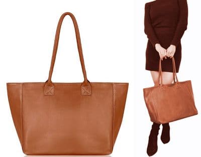 Dark Tan Large Wide Leather Tote Bag, Overnight Shoulder Shopper Bag , Italian Soft Pebbled Leather 