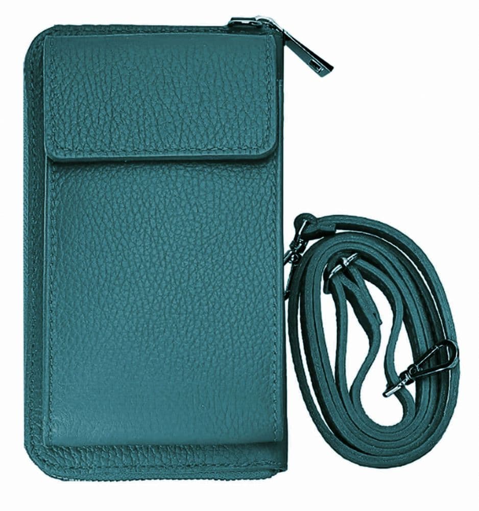 Dark Teal Italian Leather Phone Bag Crossbody Shoulder Purse Clutch Bag Silver Trims