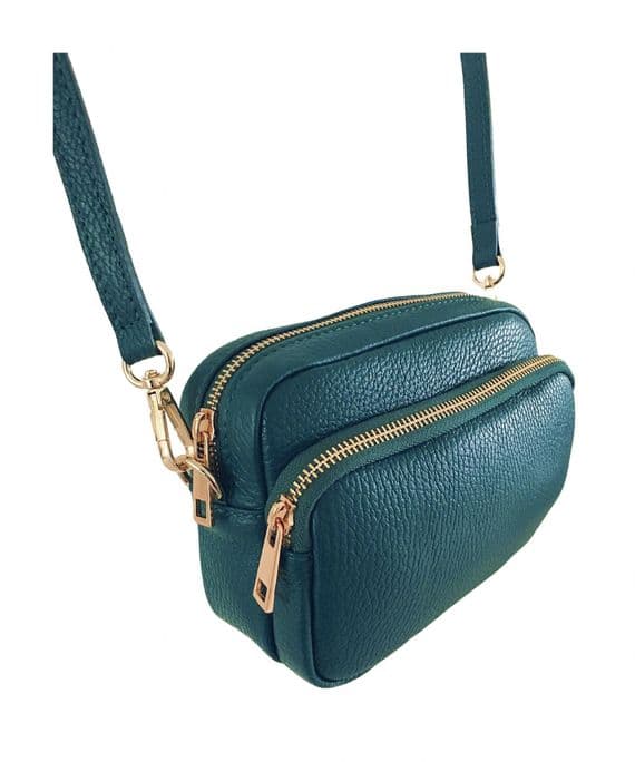 Dark Teal Small Camera Bag Double Zipped & Compartments Crossbody Shoulder Italian Leather Handbag