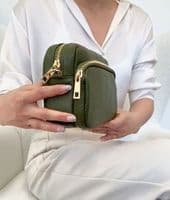 Dark Teal Small Camera Bag Double Zipped & Compartments Crossbody Shoulder Italian Leather Handbag