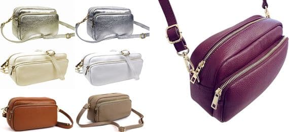 Large Camera Bag Double Zip & Compartment Crossbody Shoulder Italian Leather (Lighter Colours)