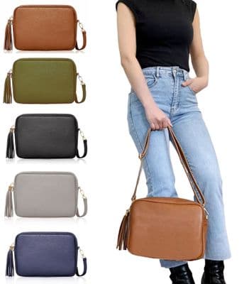 Large Crossbody Bag Italian Leather Tassel Shoulder Handbag Camera Style (Darker Colours)