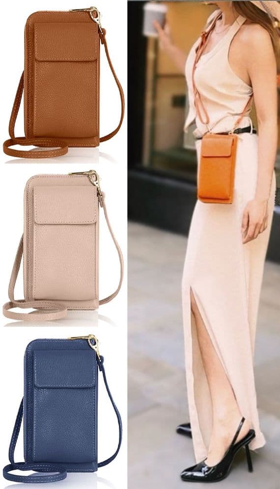 Luxury Italian Leather Mobile Phone Crossbody Shoulder Bag Pouch Wallet Purse Clutch  (Gold Trims)