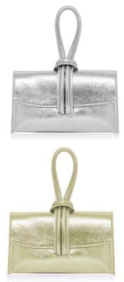 Metallic Gold Silver Clutch Wristlet Crossbody Shoulder Bag Small Knot Loop Handle Italian Leather