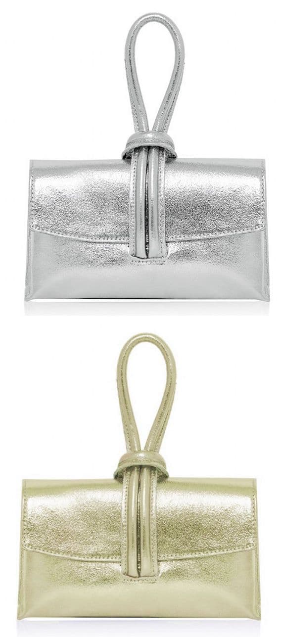 Metallic Gold Silver Clutch Wristlet Crossbody Shoulder Bag Small Knot Loop Handle Italian Leather