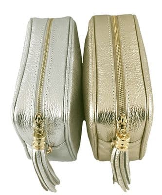 Metallic Gold & Silver Leather Tassel Camera Crossbody Style Bag Handbag in Regular & Larger Size