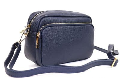 Navy Blue Large Camera Bag Double Zip & Compartment Crossbody Shoulder Italian Leather Handbag