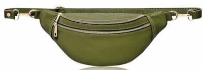 Olive Green Sling Bag Double Compartment Leather Bum Bag Crossbody Clutch Bag  Multi Use