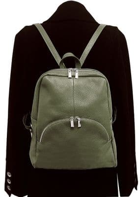 Olive Green Soft Grained Italian Leather Rucksack Backpack Handmade Many Pockets & Compartments