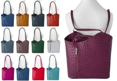 Ostrich Print Handbag Shoulder Bag Backpack Rucksack Genuine Italian Leather (One Colour)