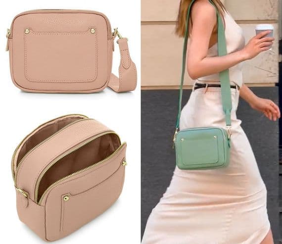 Pink Vera Pelle Italian Leather Camera Crossbody Bag With Double