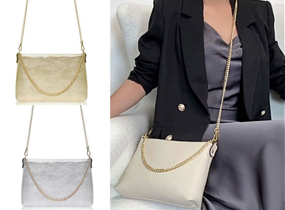 Silver & Gold Leather Clutch Crossbody Shoulder Bag 2 Gold Chain Straps
