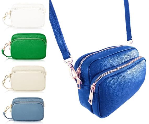 Small Crossbody Shoulder Bag Double Zipped & Compartments Italian Leather Handbag  (Lighter Colours)