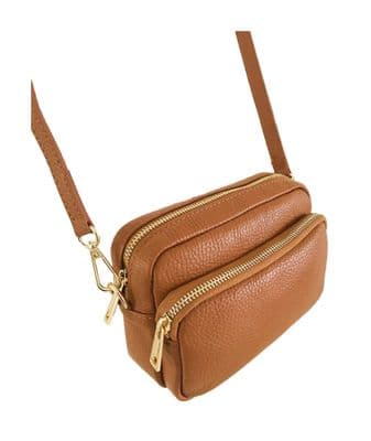 Tan Small Camera Bag Double Zipped & Compartments Crossbody Shoulder Italian Leather Handbag