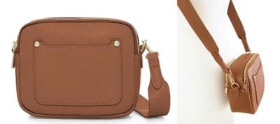 Tan Trendy Vera Pelle Italian Leather Camera Style Crossbody Shoulder Bag  Double Zip & Wide Strap