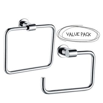 Arian 'Destiny' Wall Mounted Square Toilet Roll Holder & Towel Ring in Chrome